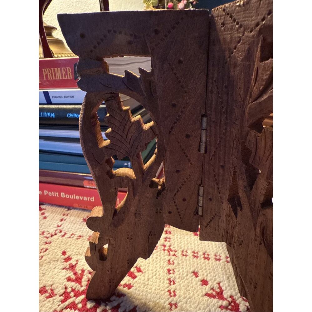 7" Tall Wood Carved Trifold Hinged Plant Stand BoHo eclectic cottage core India